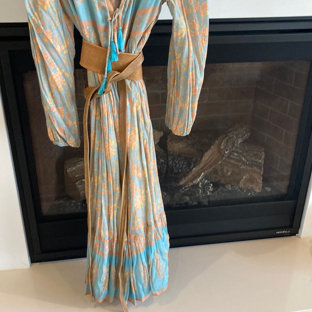 Spell Tan and Blue Plunge Neck Midi Dress